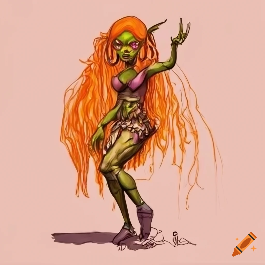Realistic line drawing of an orange goblin girl in full body view