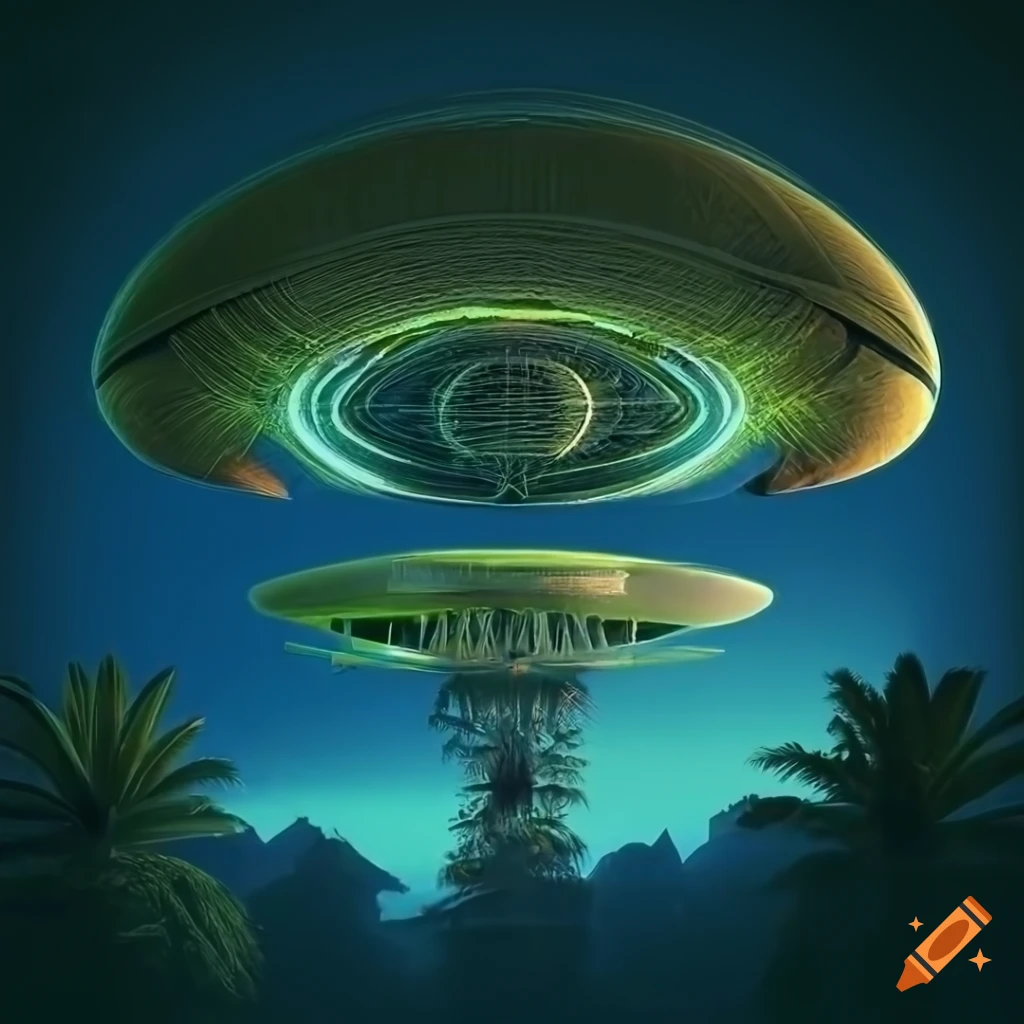 Palma tree and UFO in lush green jungle with dramatic lighting