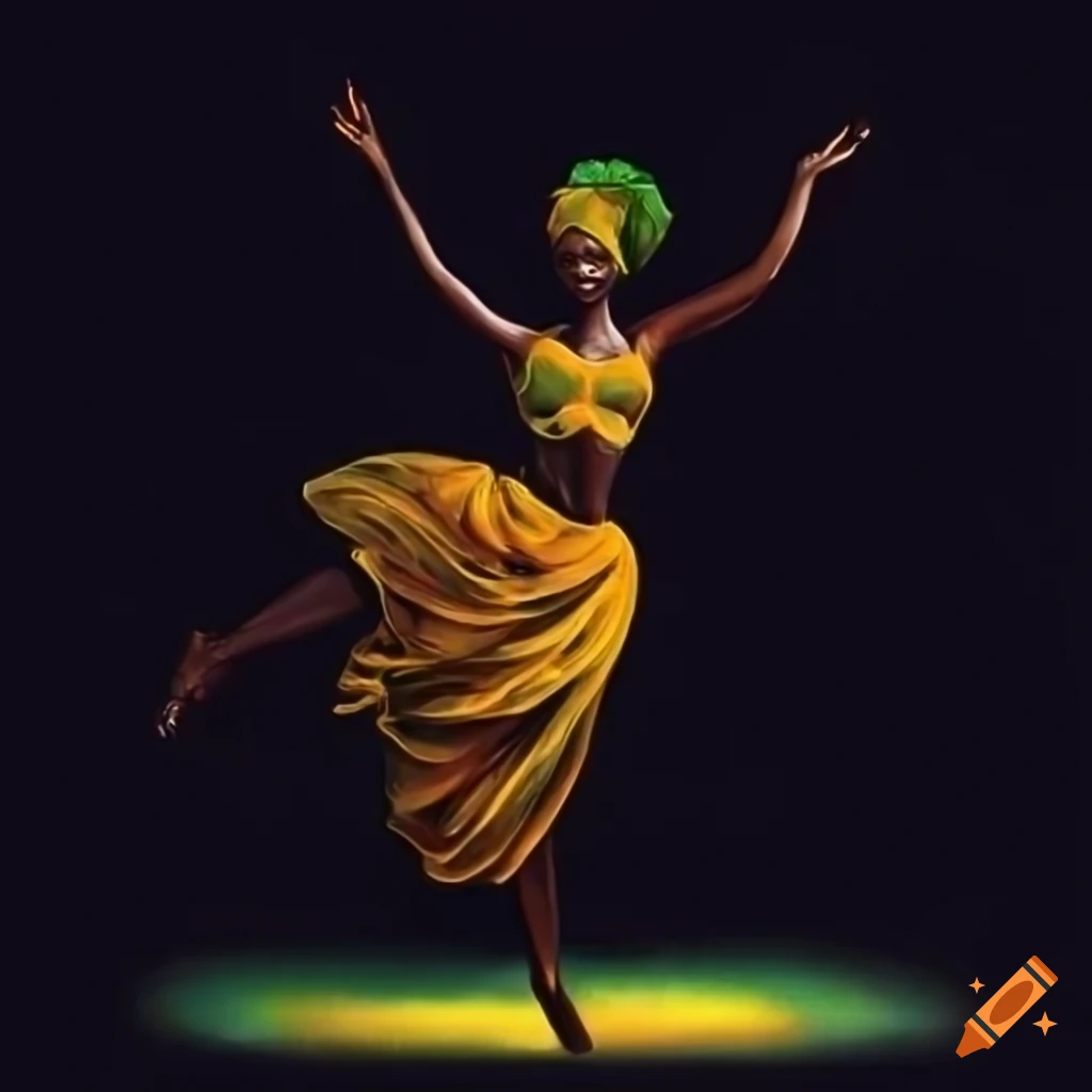 Five dancing African women painting in a modern style against a black background