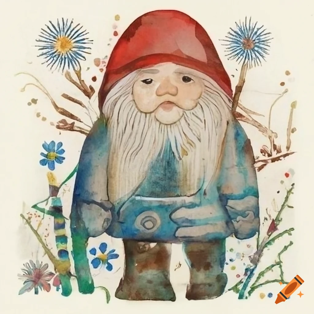 Inuit stonecut print of a gnome among flowers and bones