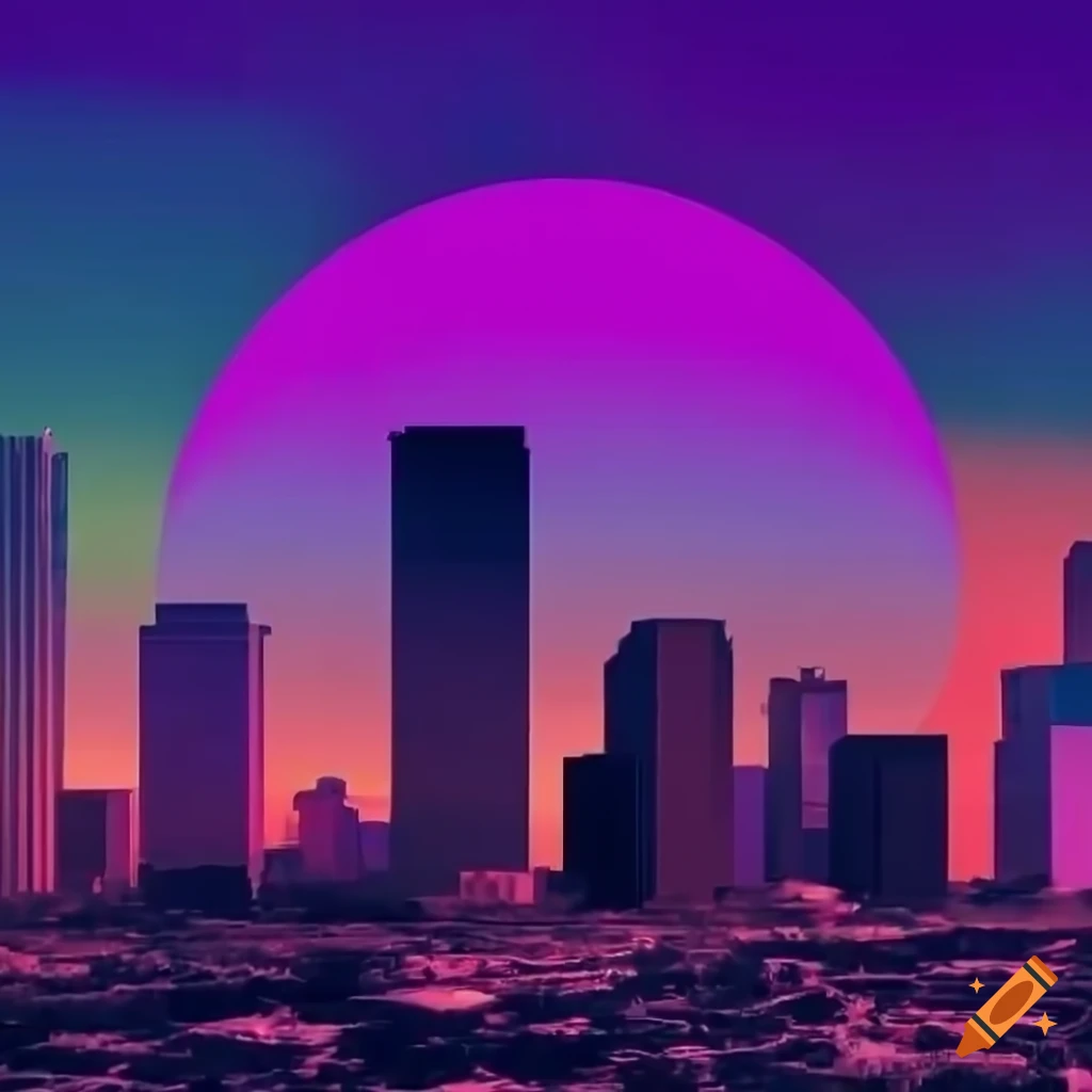 Retrowave Houston skyline with the word SLAB, 16:9 aspect ratio