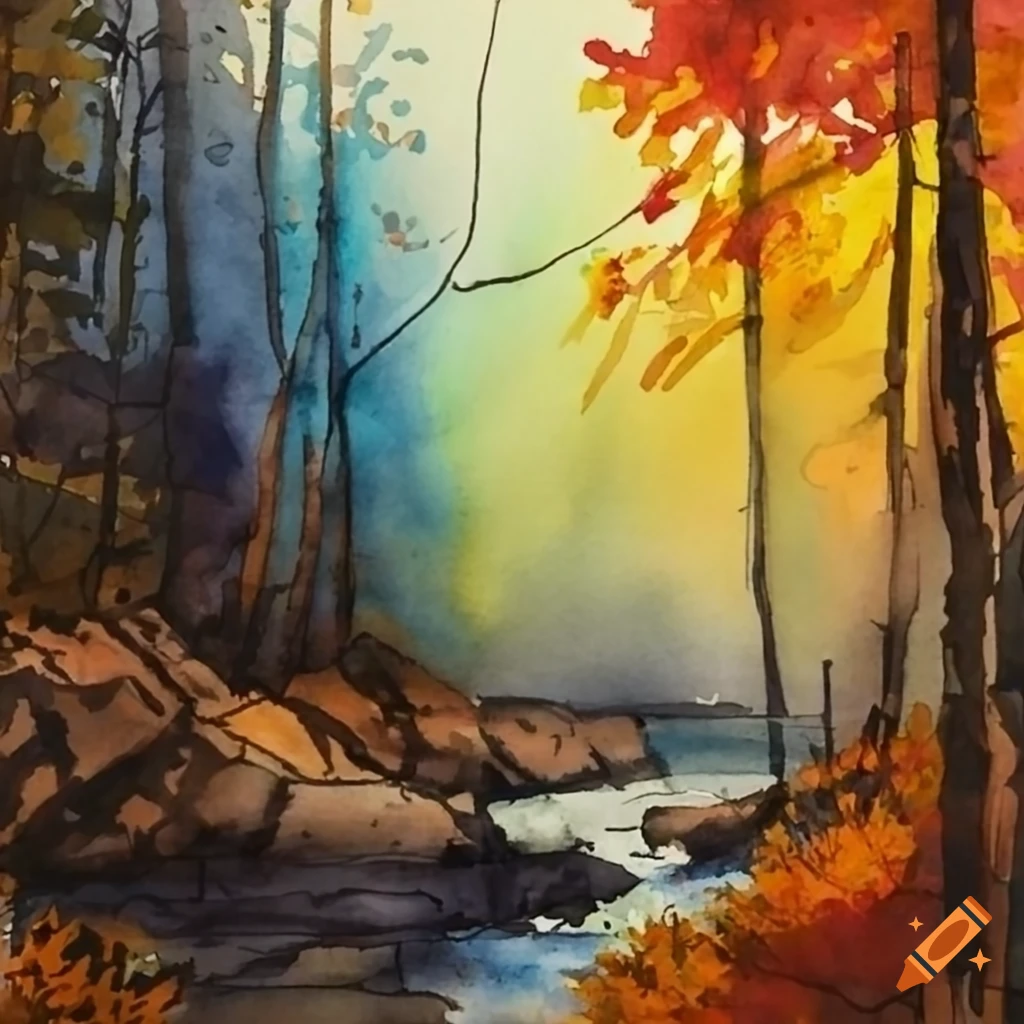 Western New York woods in Fall at night, watercolor painting