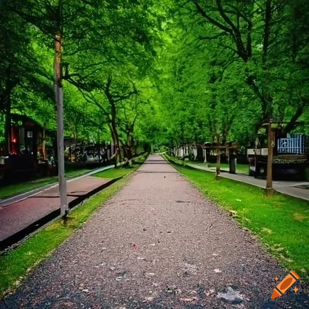 Urban boulevard with a green median and playground with rusted equipment