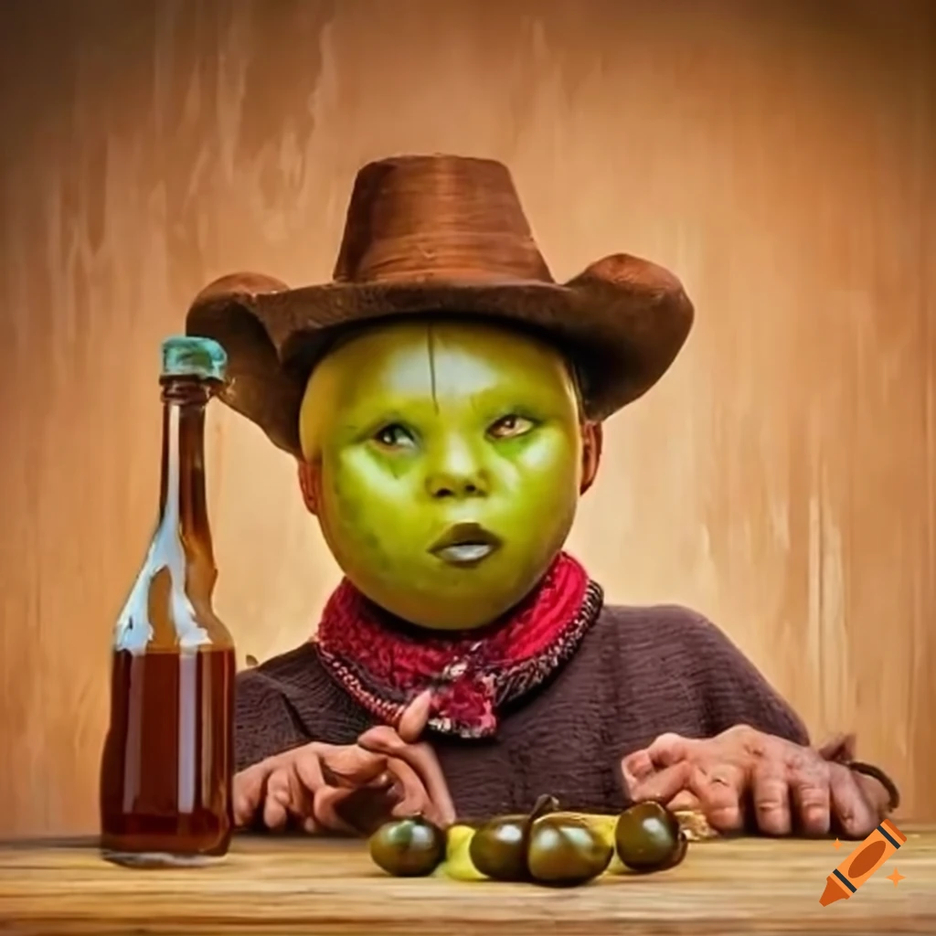 Cowboy-themed apple cider vinegar and green olive in an old western town duel