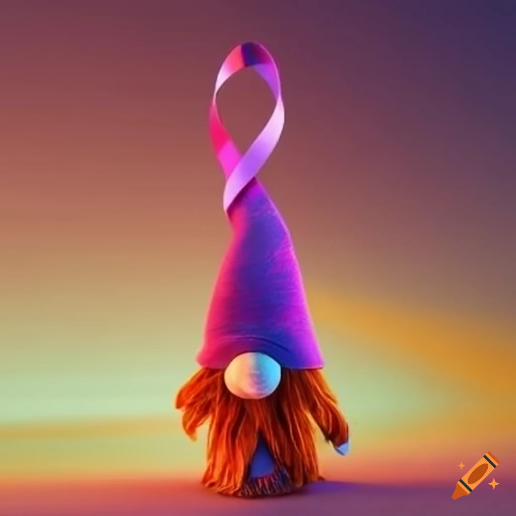Gnome silhouette against a sunset sky with a cancer ribbon
