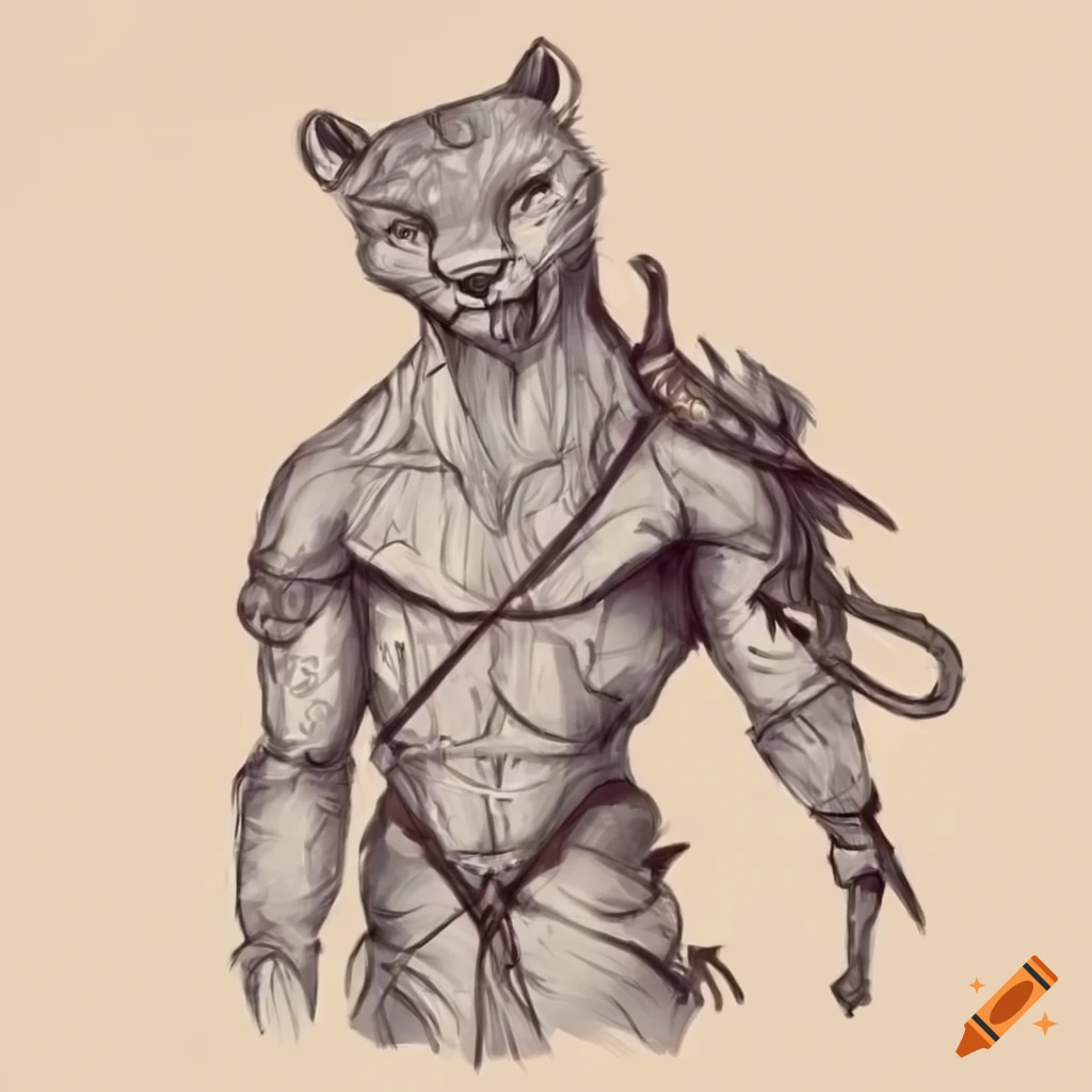 Intricately-detailed tribal anthropomorphic cougar with bow and arrow