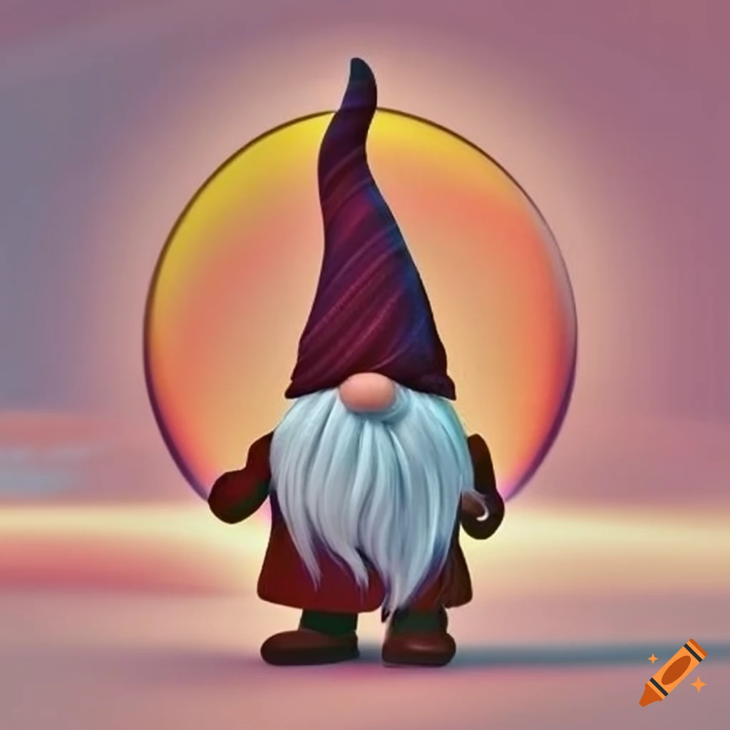 Gnome silhouette against a sunset sky with a cancer ribbon