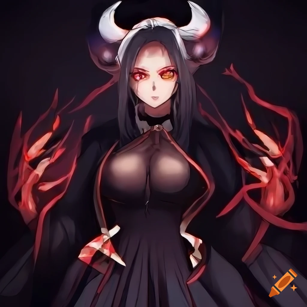 Anime style woman with white hair, four arms, and black dress