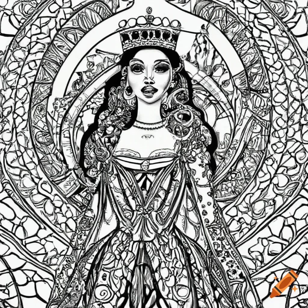 Black and white coloring page of a queen in an awesome dress