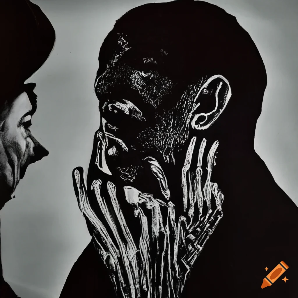 Confrontational men with exaggerated emotions in a linocut style