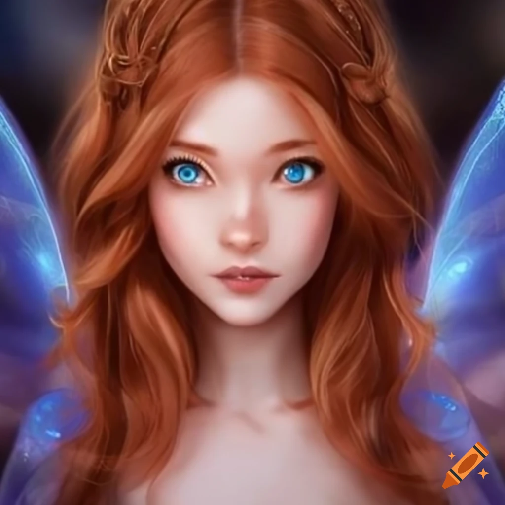 Fairy princess with auburn hair, blue eyes, and light blue wings