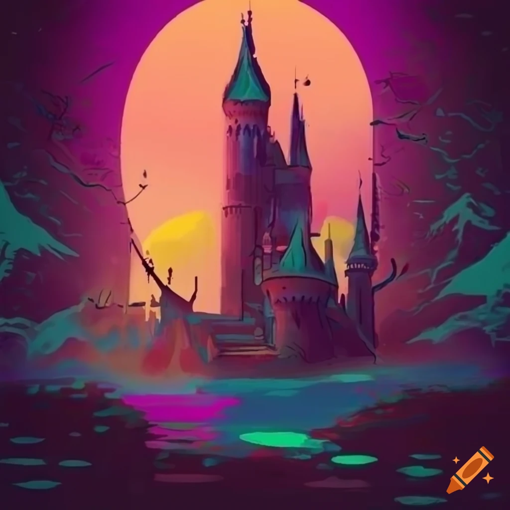 Classical fantasy castle partly submerged in a swamp with vaporwave colors