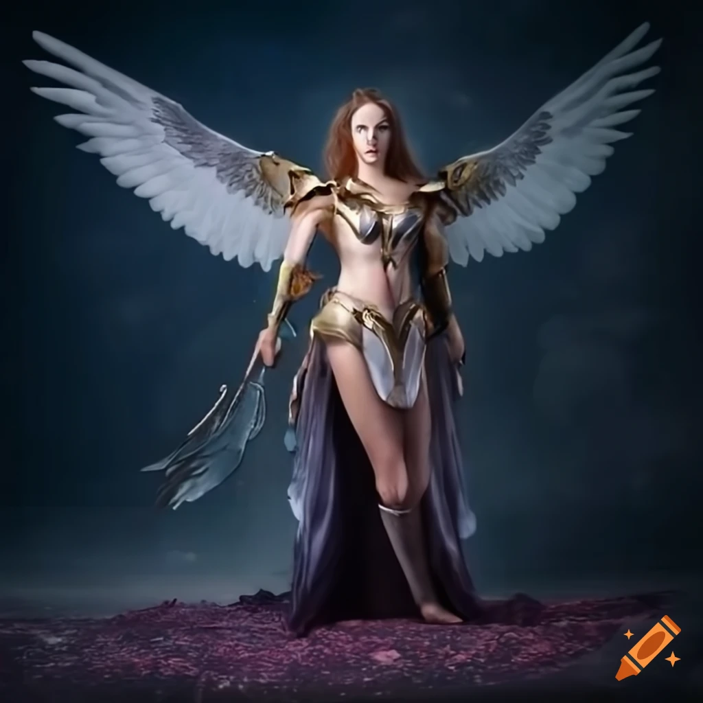 Mythological Valkyrie descending from a vivid cosmos with wings and armor