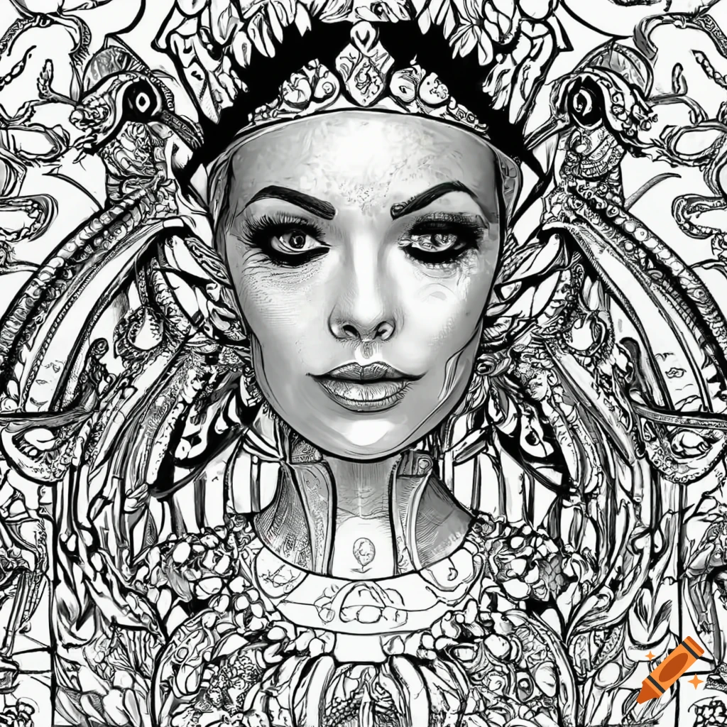 Black and white coloring page of a queen