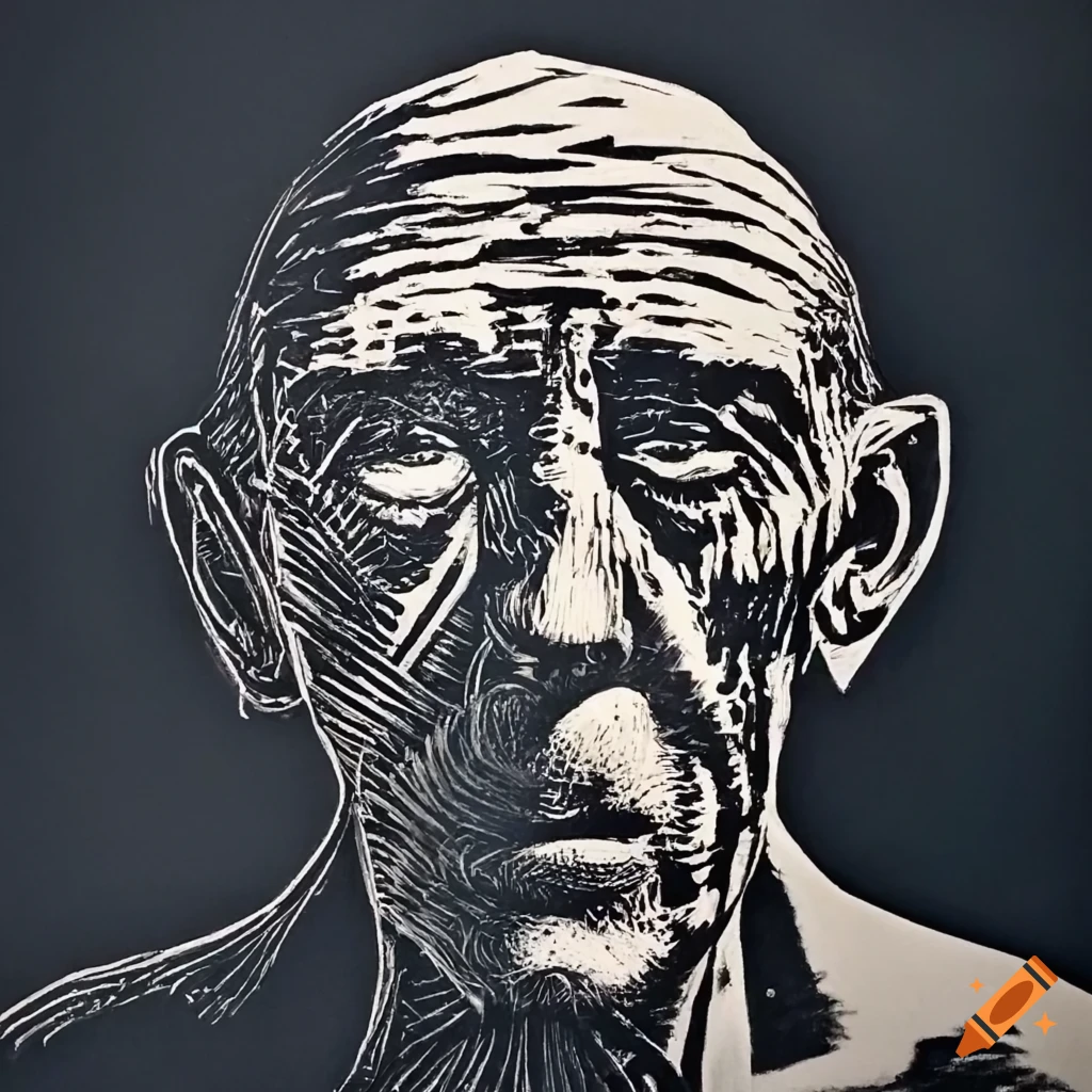 Edgy linocut art featuring men displaying exaggerated emotions in a neo-expressionist style