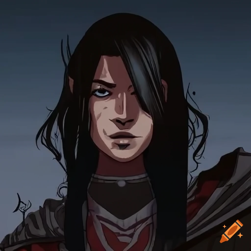 Half-Japanese, half-Norse warrior from Baldur's Gate 3 with grey eyes and black hair in fighter's attire