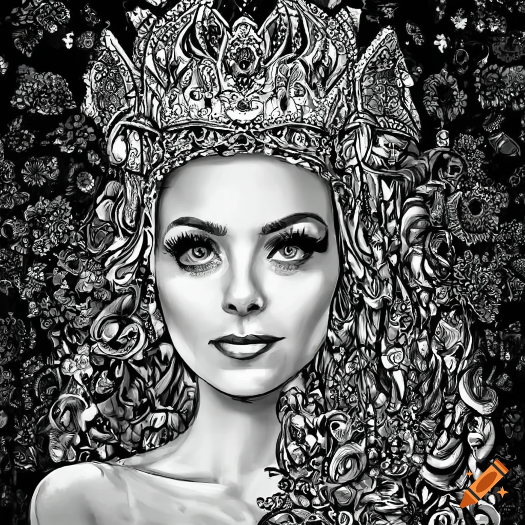 Queen with stunning dress in black and white coloring page