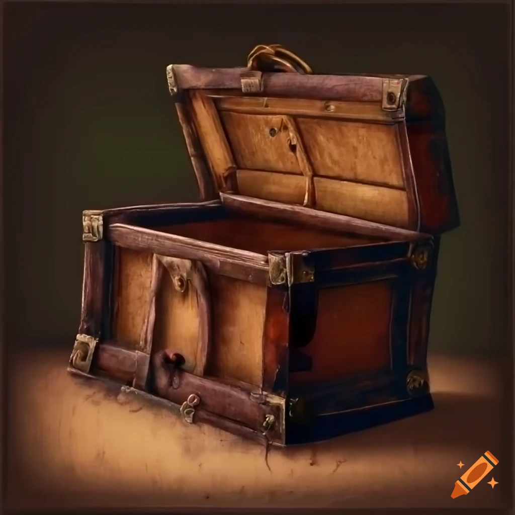 Old wooden chest open with old leather books inside