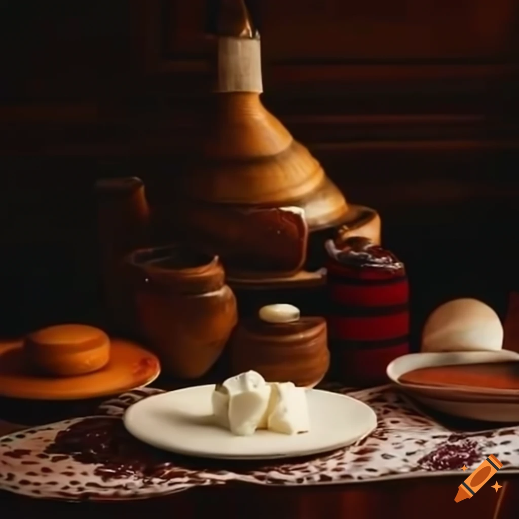 Composition with Burrata cheese and traditional Russian dishes