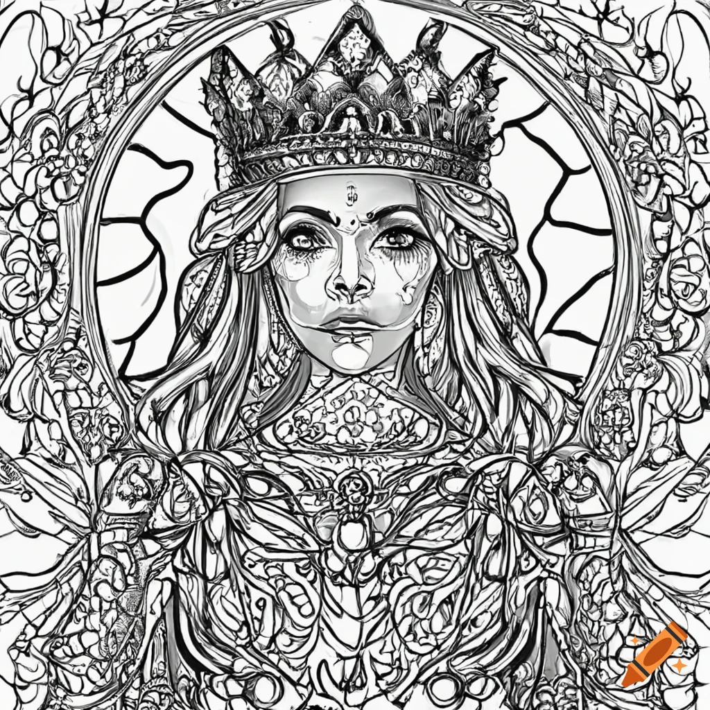 Black and white coloring page of a queen
