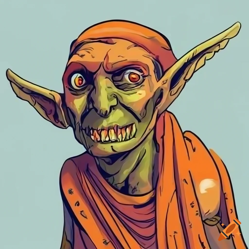 Orange goblin in Greek toga in a realistic line drawing