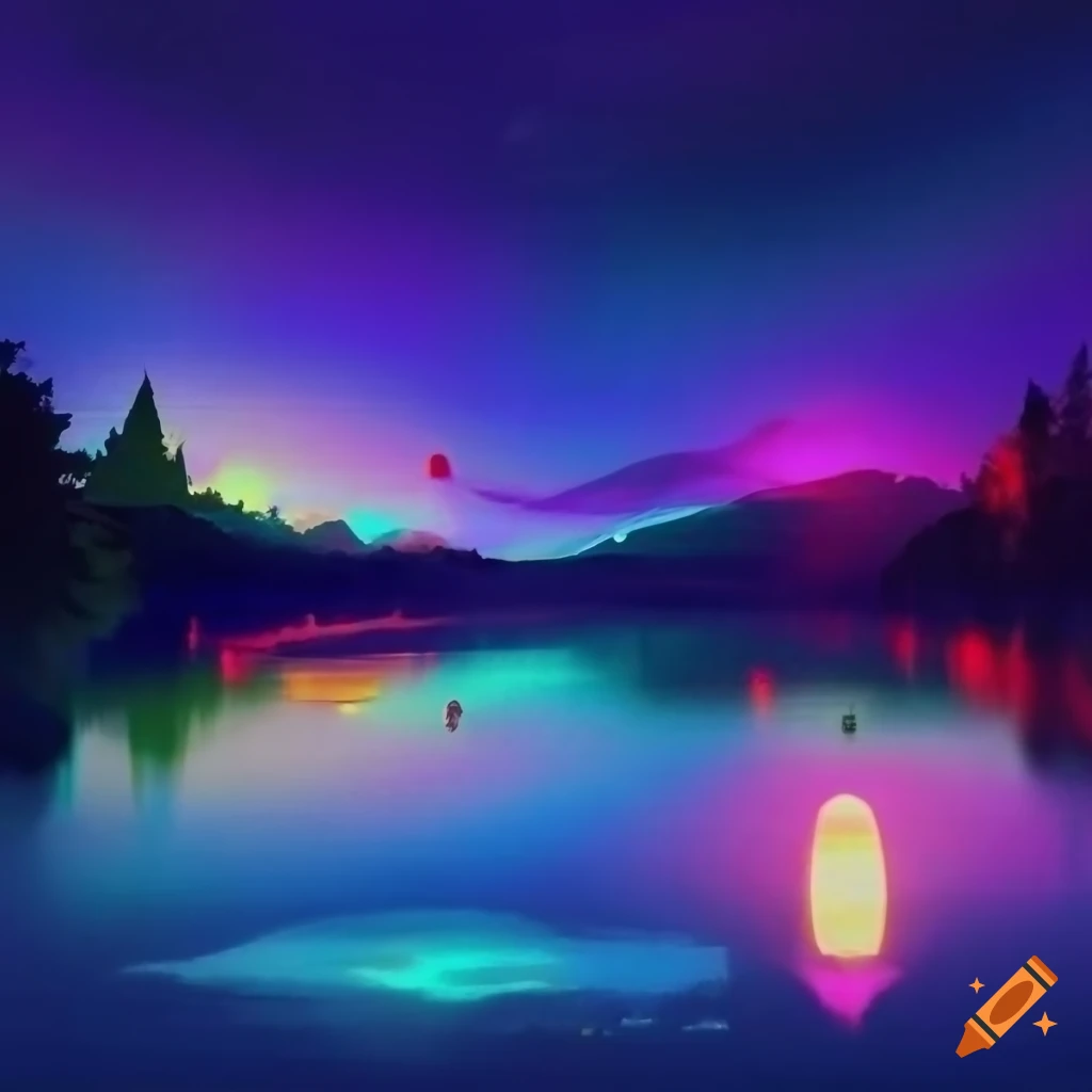 Colorful lights reflecting on a lake in a party atmosphere like an album cover