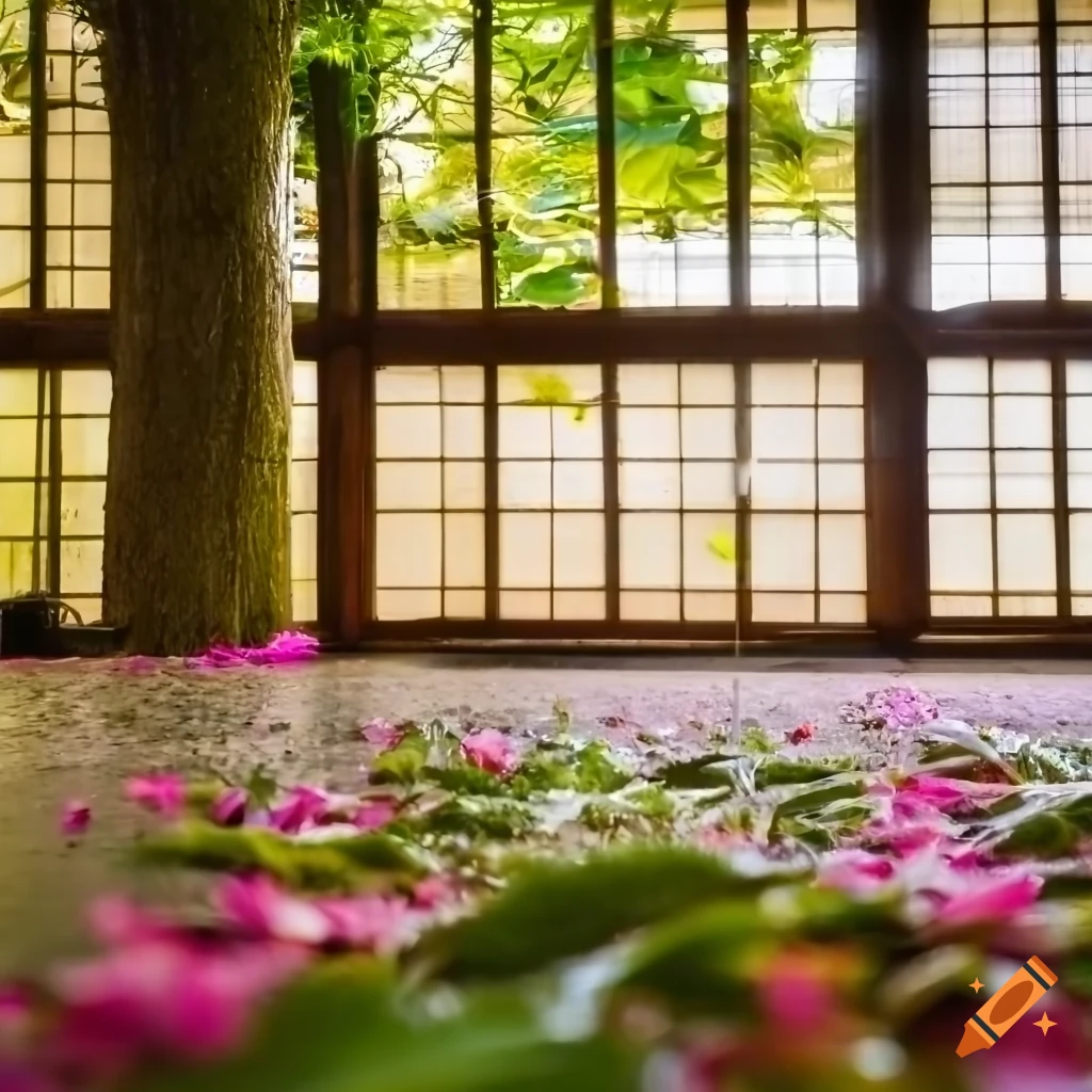 Interior of an oriental Japanese Zen room with trees, high windows, and beautiful outside view