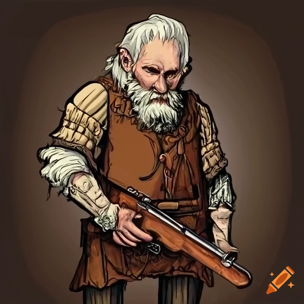 Old hunter with a rifle in fairy tale style