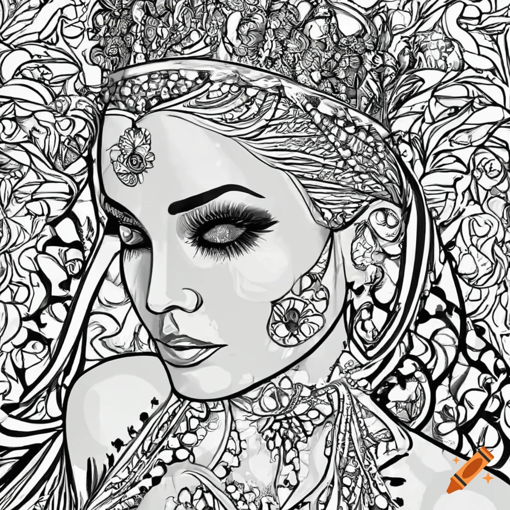 Queen in a stunning dress black and white coloring page