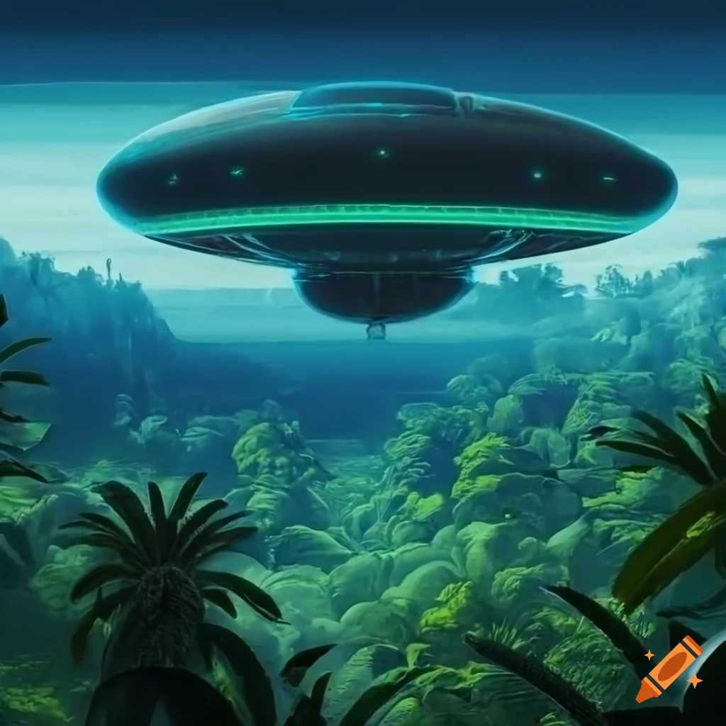 Palma tree and UFO with lush green jungle in dramatic lighting and complex engineering design