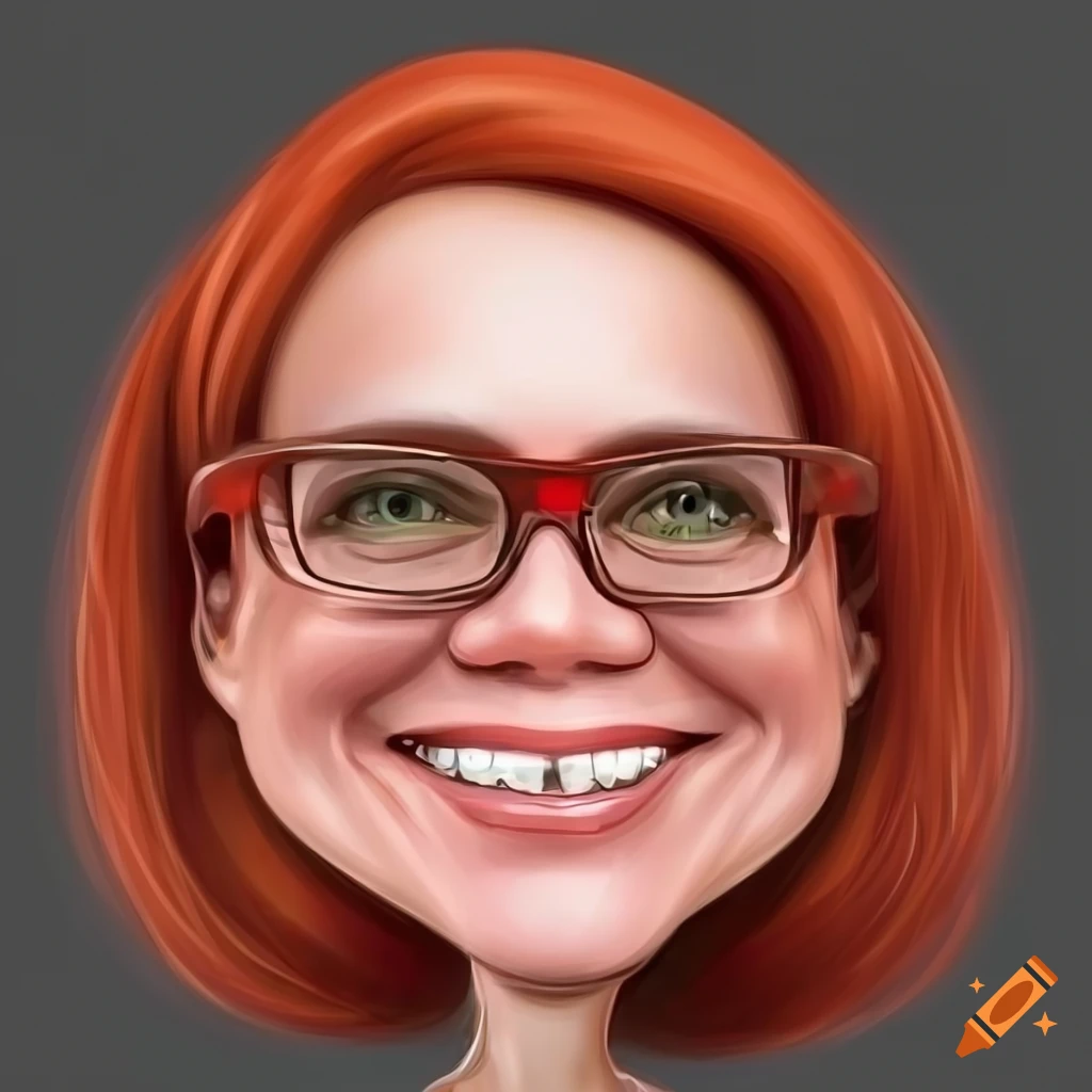 Caricature of a redhead with a big smile and green eyes wearing red glasses