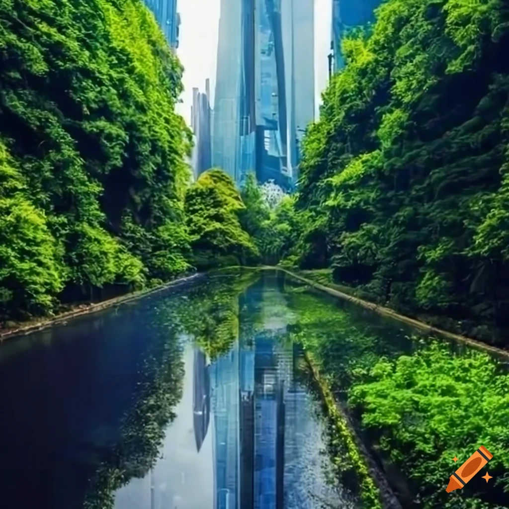 Futuristic city with lush rainforest and skyscrapers under a blue noon sky