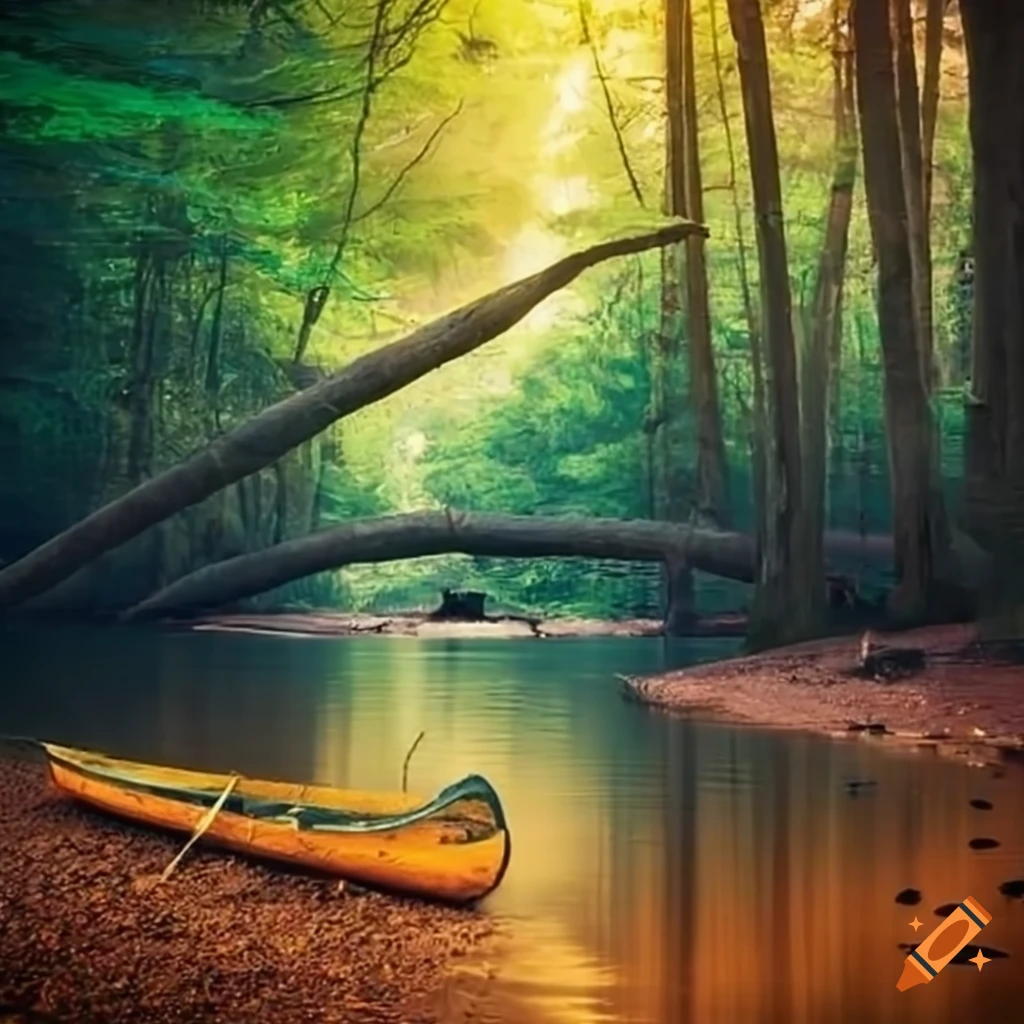 Forest river with a canoe tied up on a sandy beach