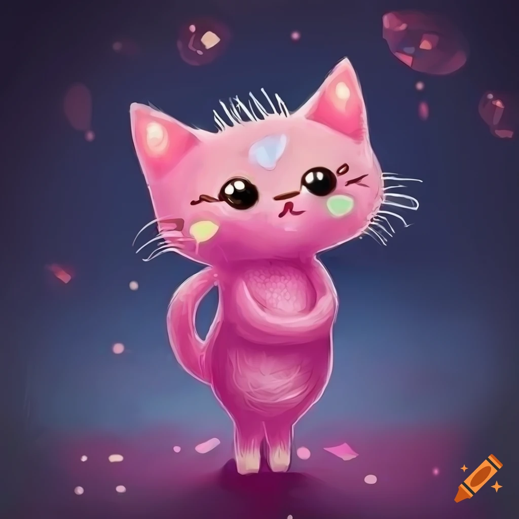 Cute cartoon magenta pink kitten holding a big crystal