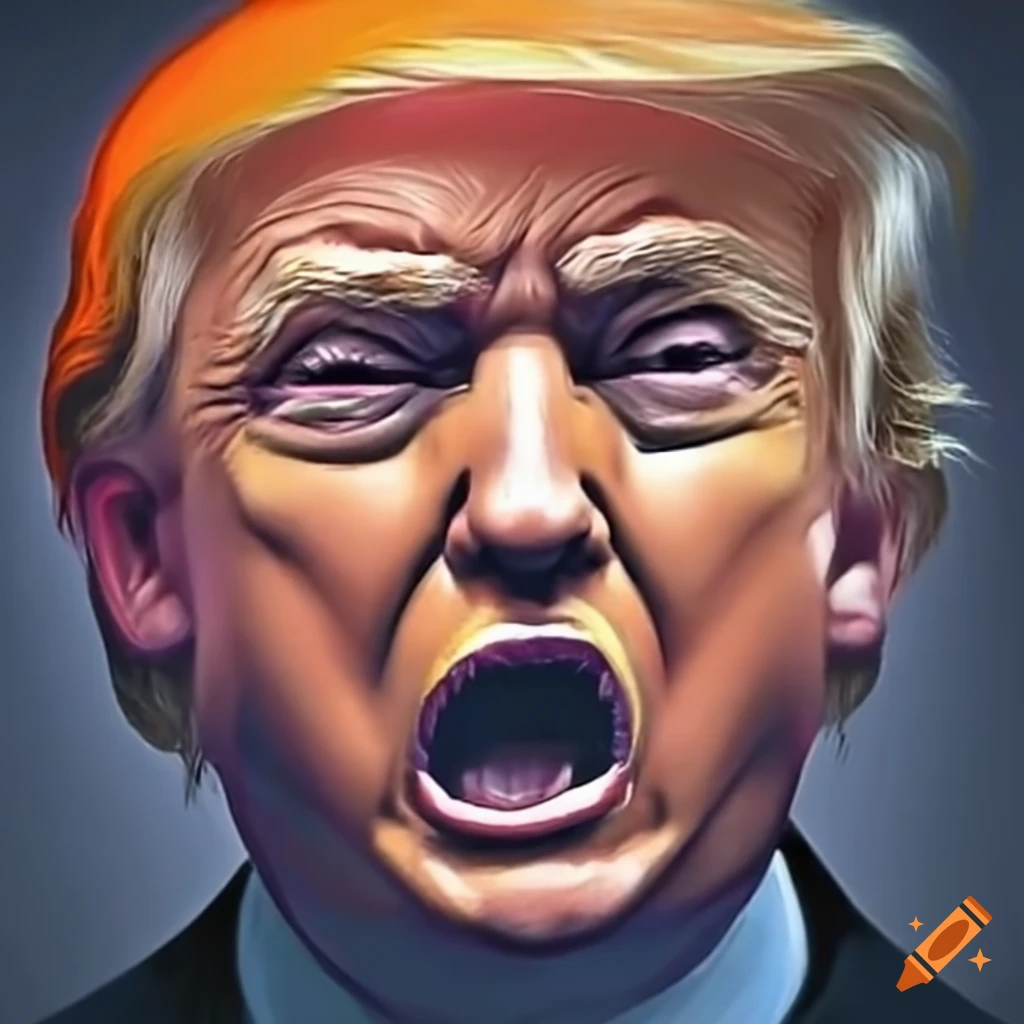 Satirical depiction of an orange Donald Trump screaming in a deranged ...