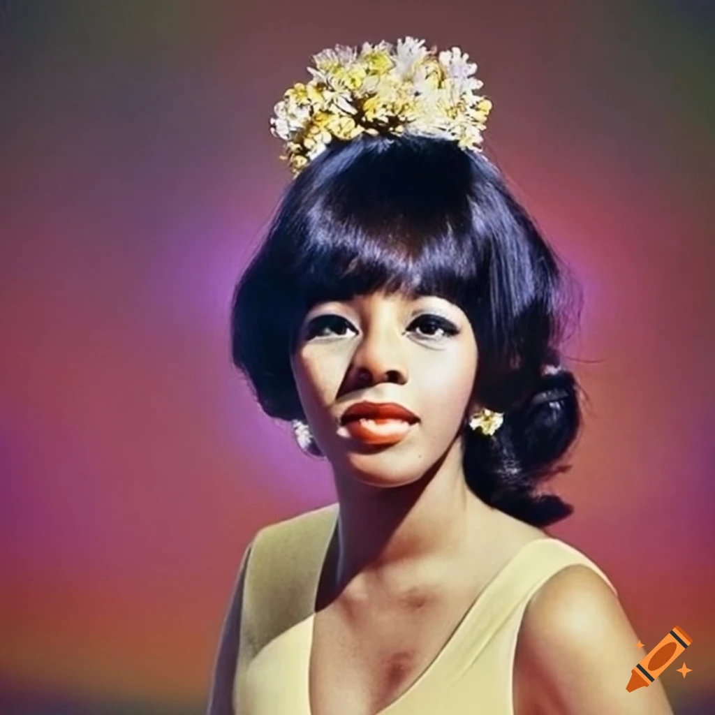 Estelle Bennett of The Ronettes in a vintage-inspired outfit with wildflowers