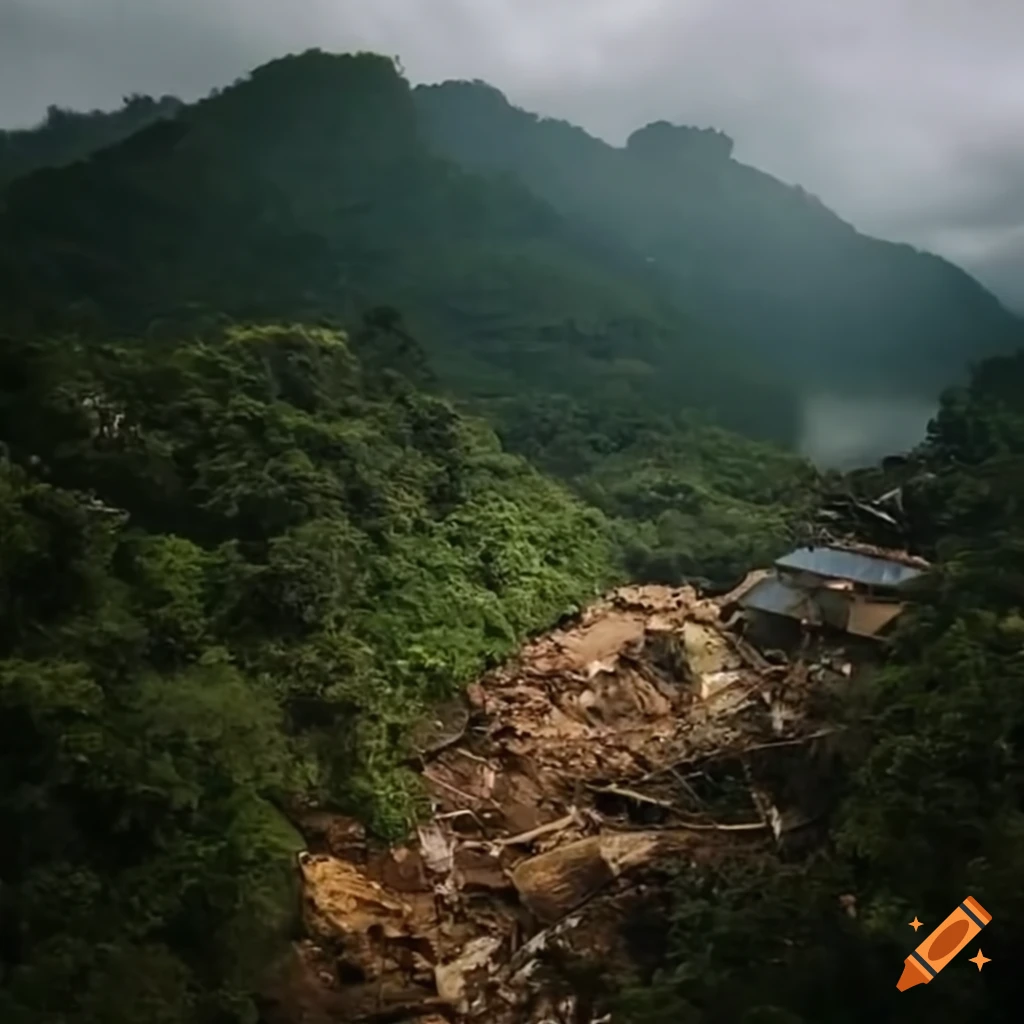 Collapsed houses and rescue operation near river with a green navy helicopter