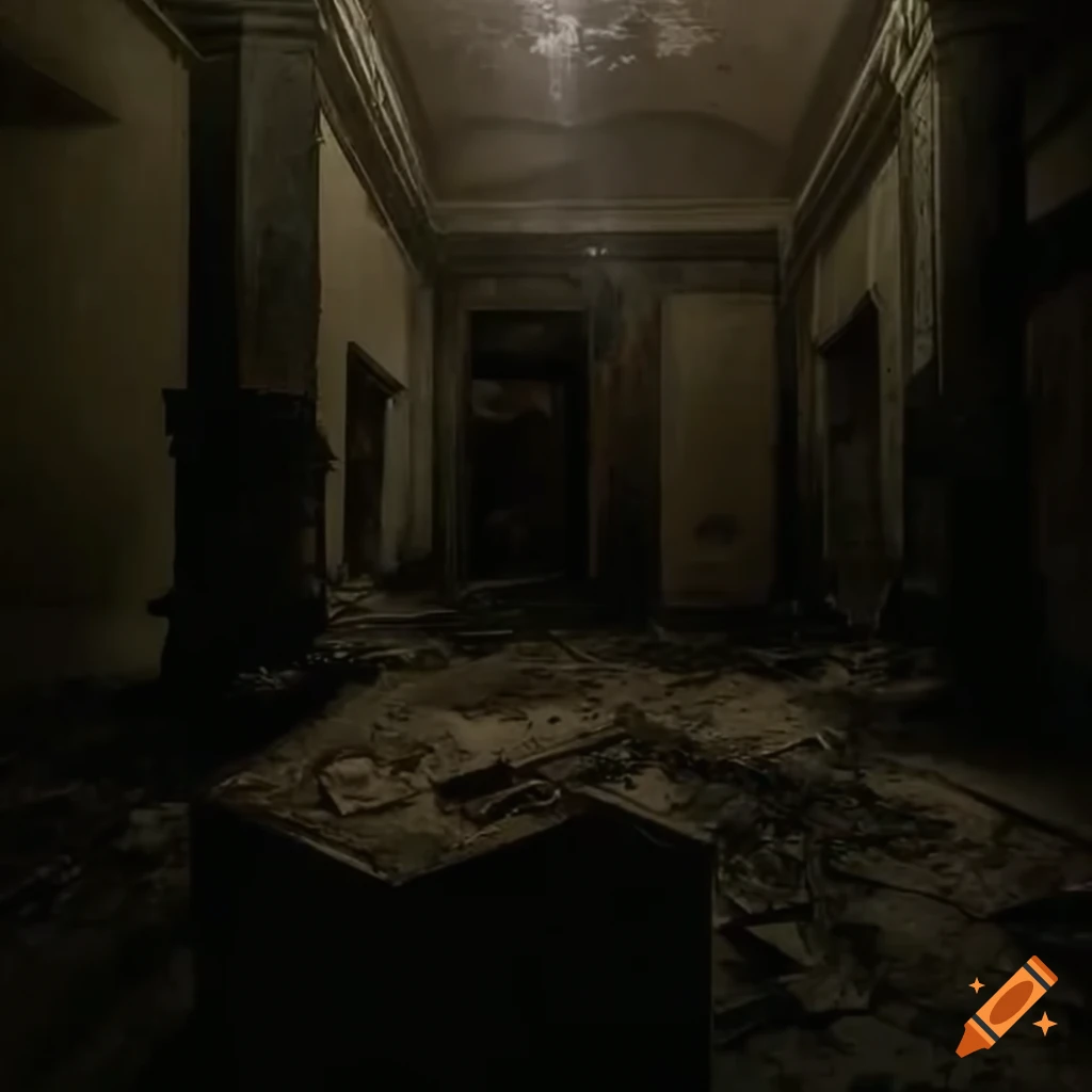 Human forms covered in dust in an abandoned mansion room