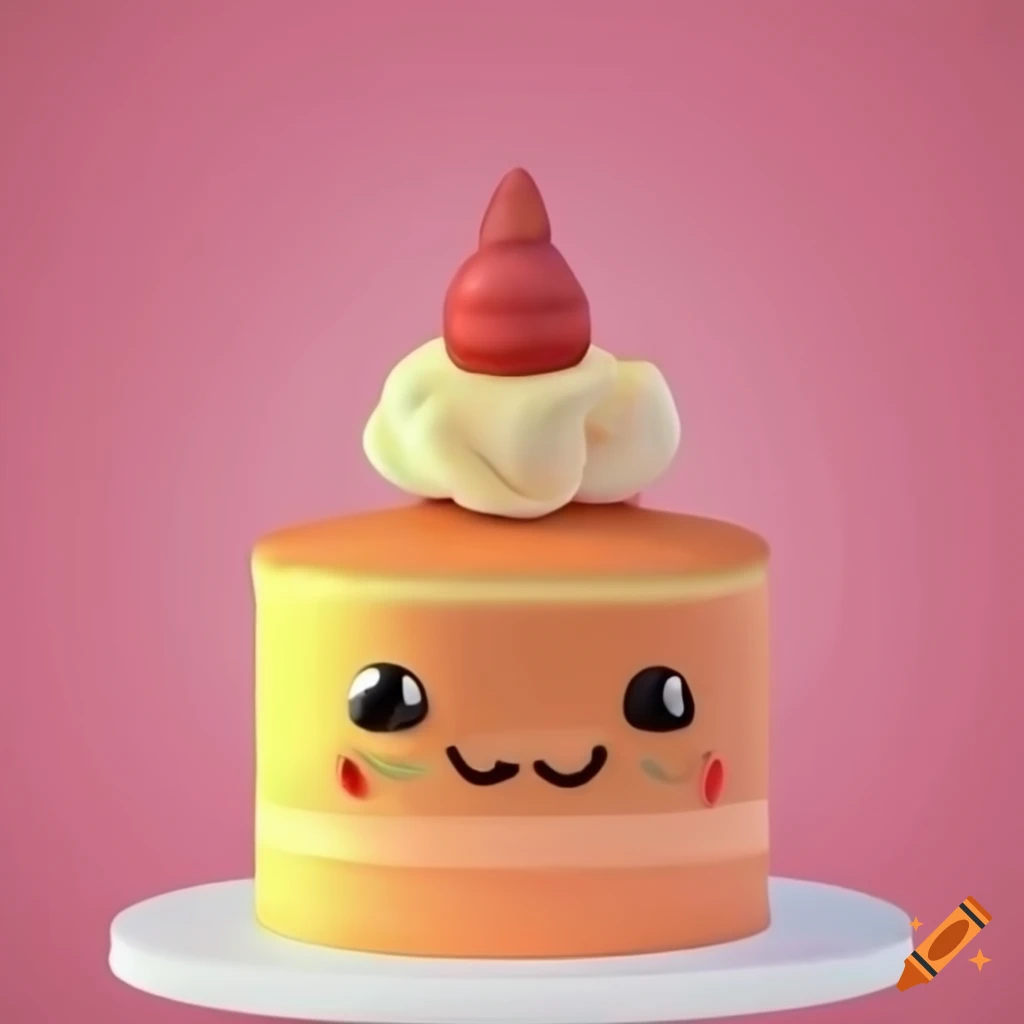 Cute cake with a smiling face in 3D animation style on white background