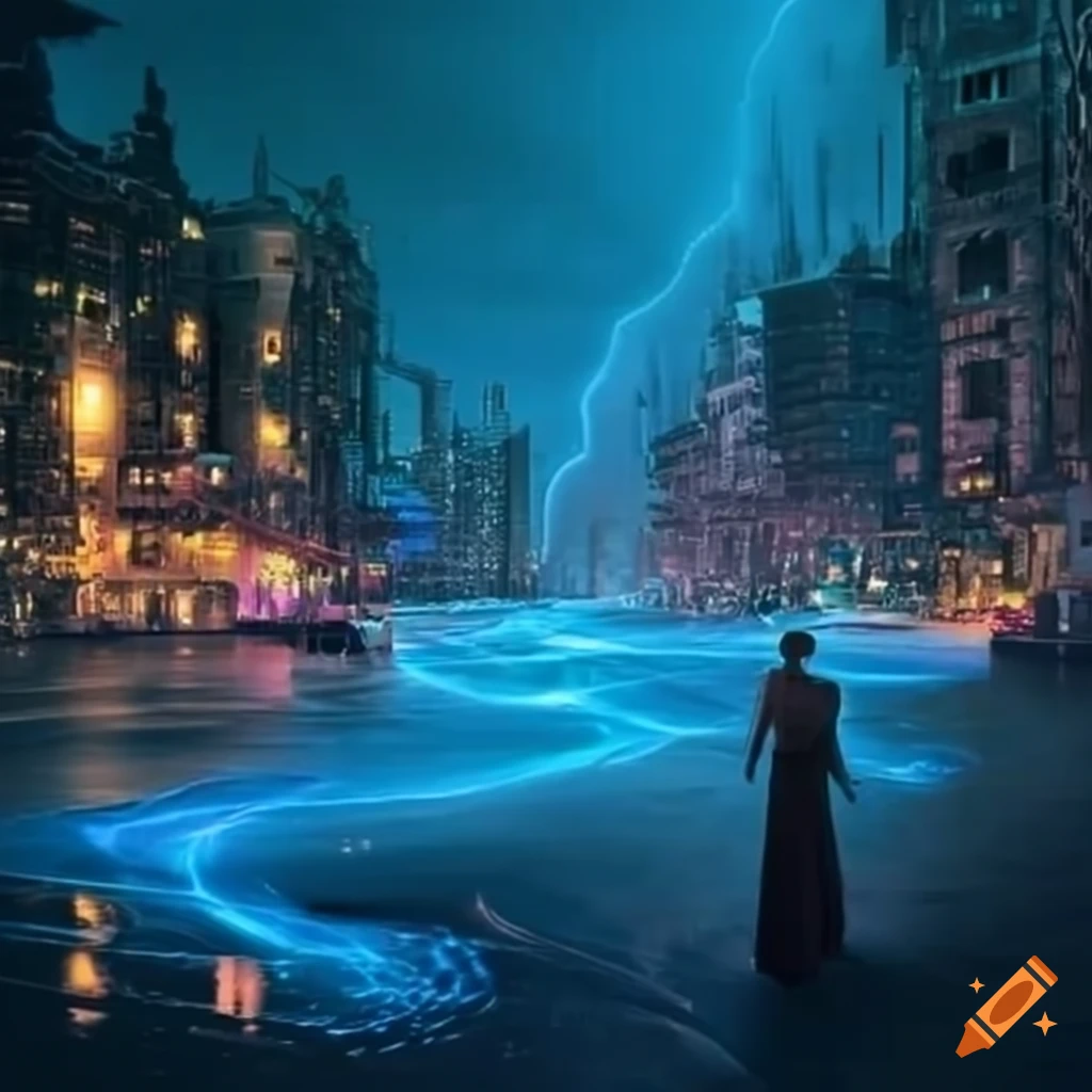 Breathtaking solarpunk city illuminated by solar and bioluminescent sources at night