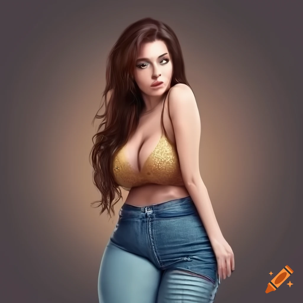 Woman with brown hair and green eyes with a curvy pear-shaped body experiencing tight clothing