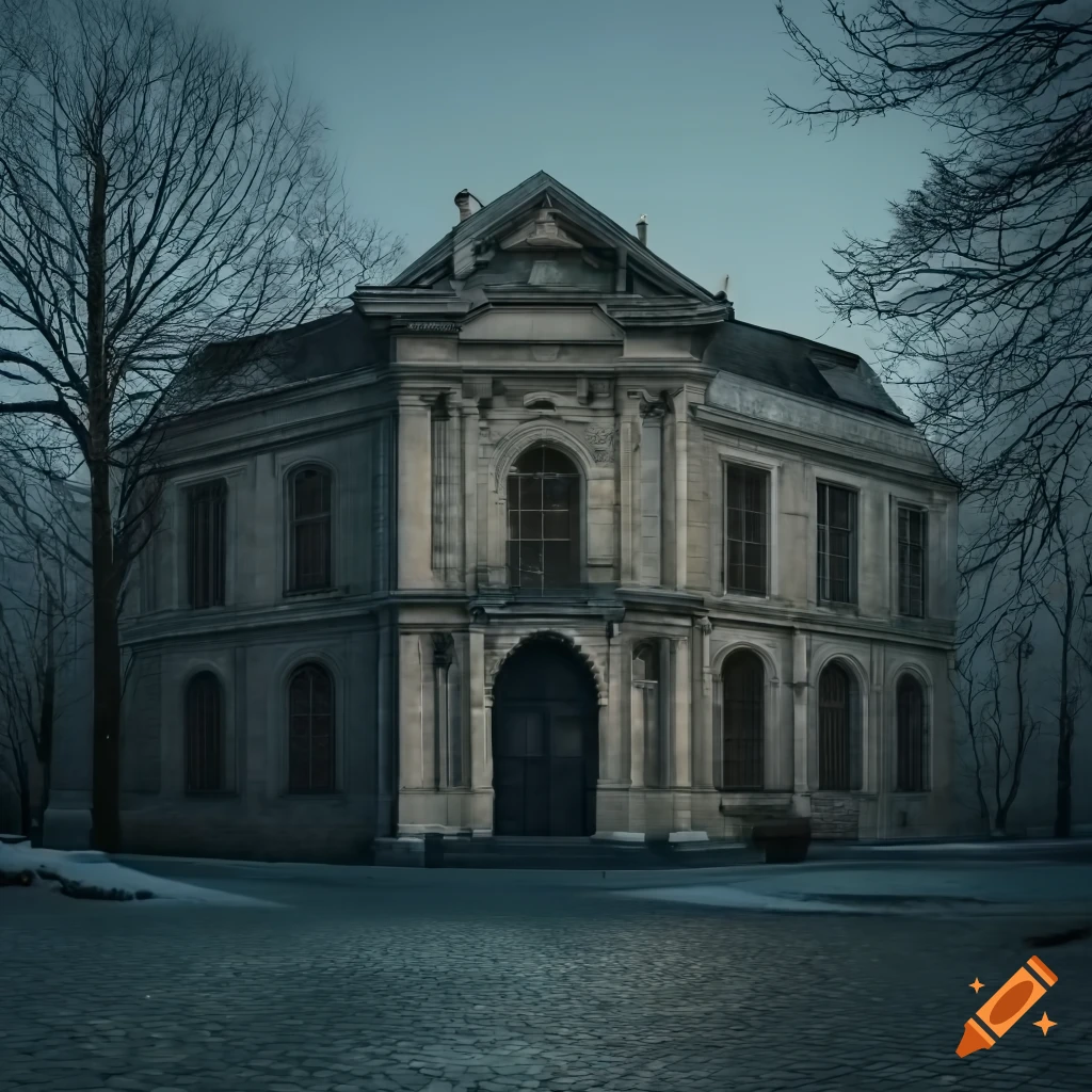European style classical buildings on a cobblestone street with early Autumn snow