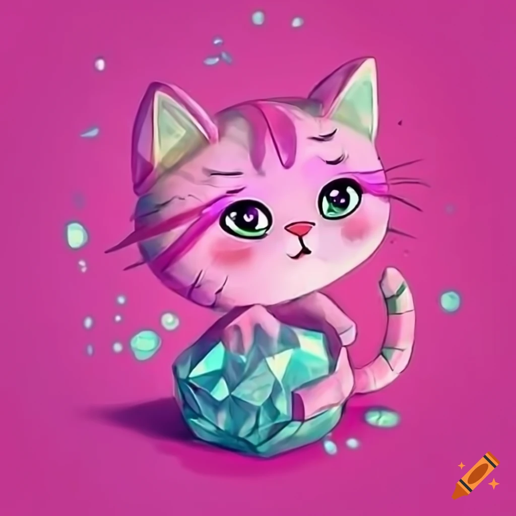 Cute cartoon magenta pink kitten holding a big crystal