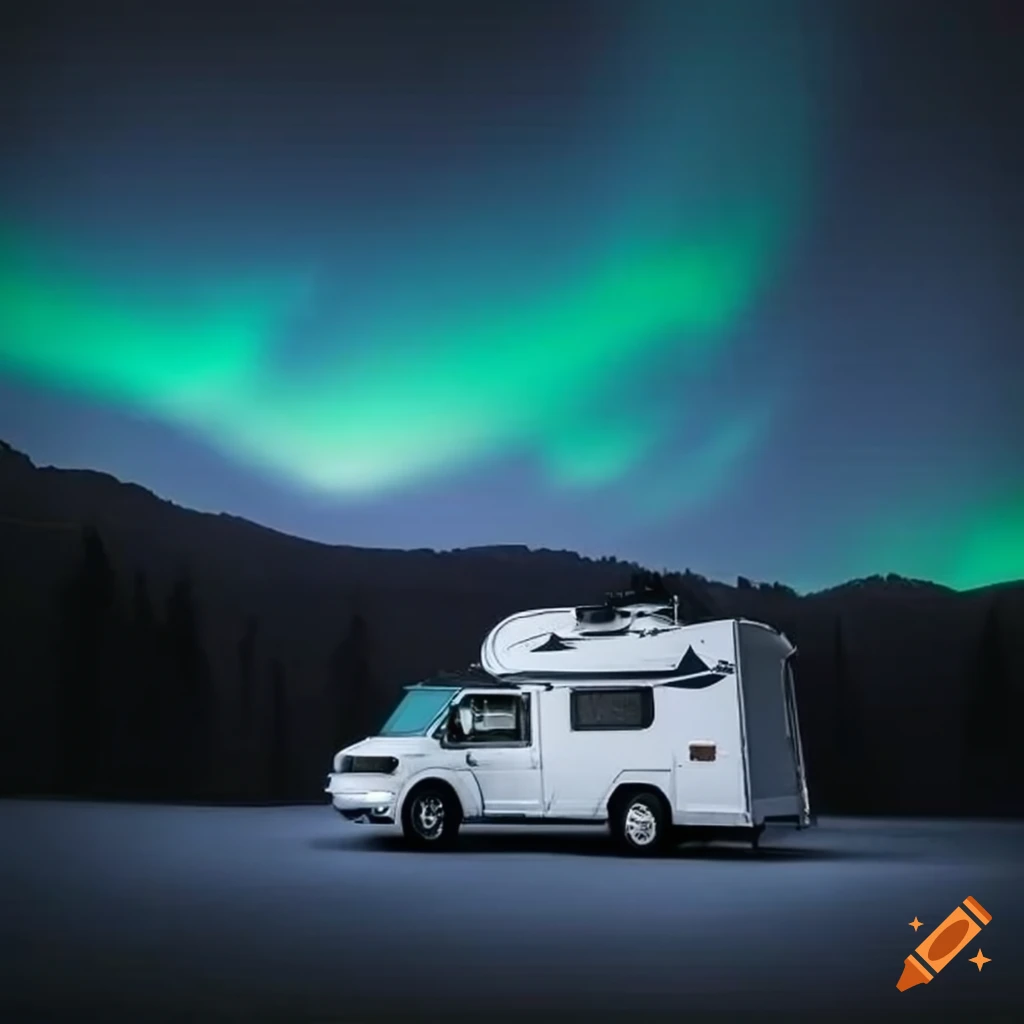 Luxury white motorhome under the northern lights in the black night