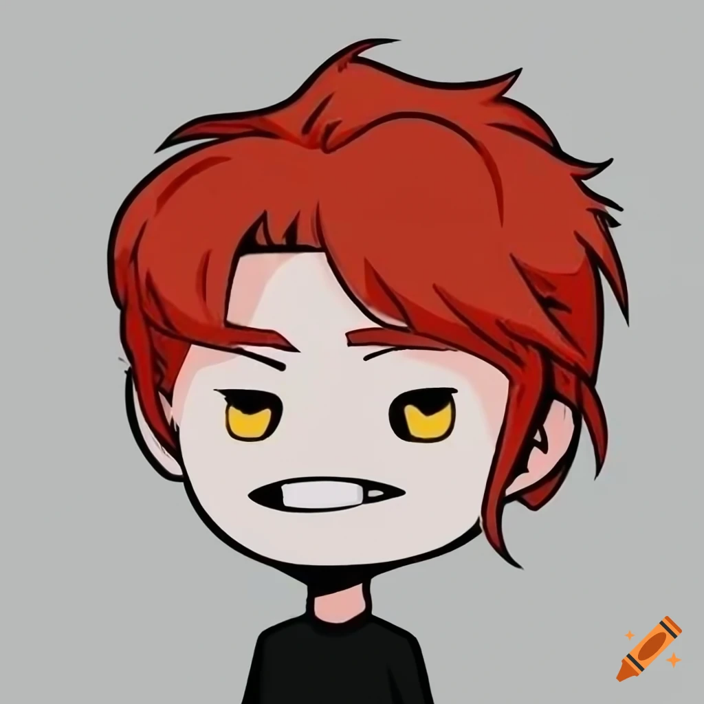 Minimalist black and white design of a male character with red hair and yellow eyes