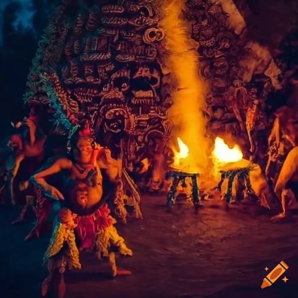 Aztec night scene with torches and ritual ceremony