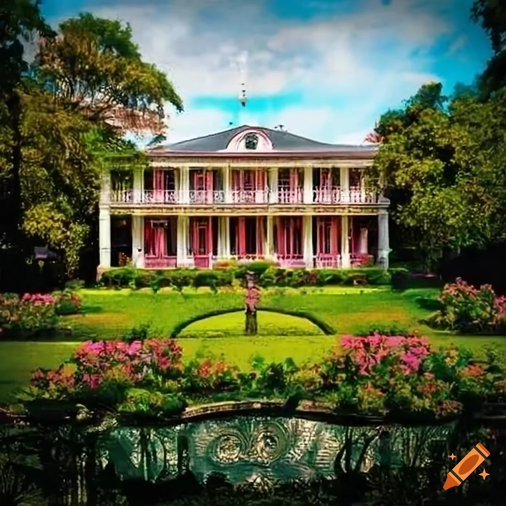 Large mansion with garden and colorful flowers in New Orleans