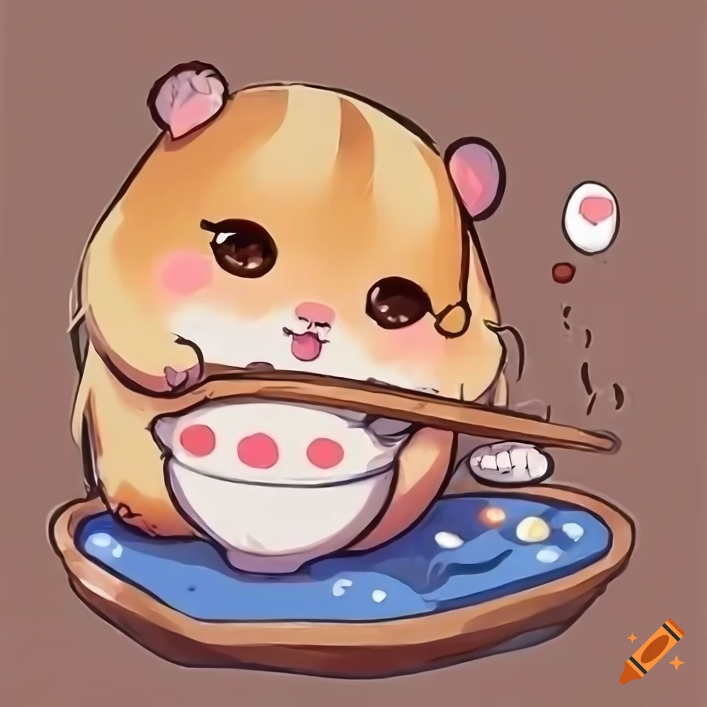Adorable chibi hamster eating noodles in a Japanese tea house