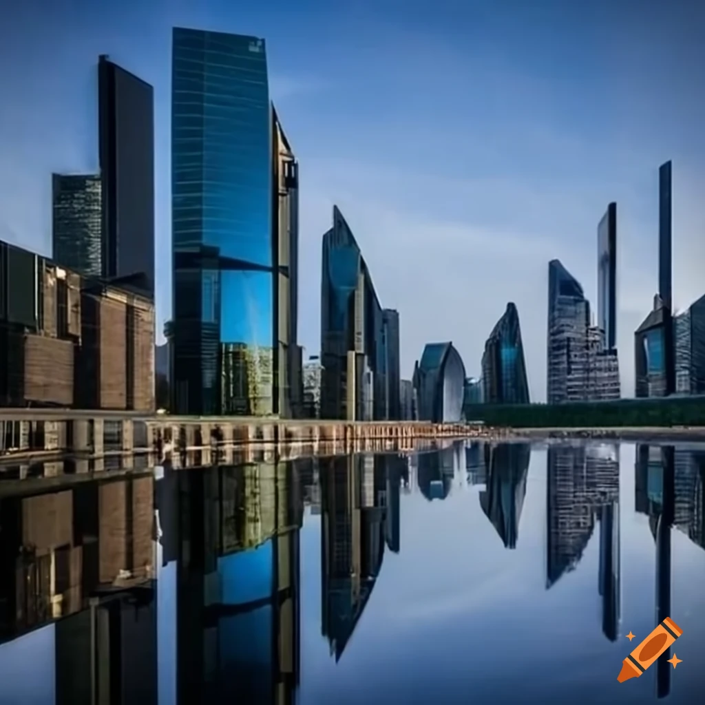 Sleek futuristic skyscrapers reflecting in a curved river
