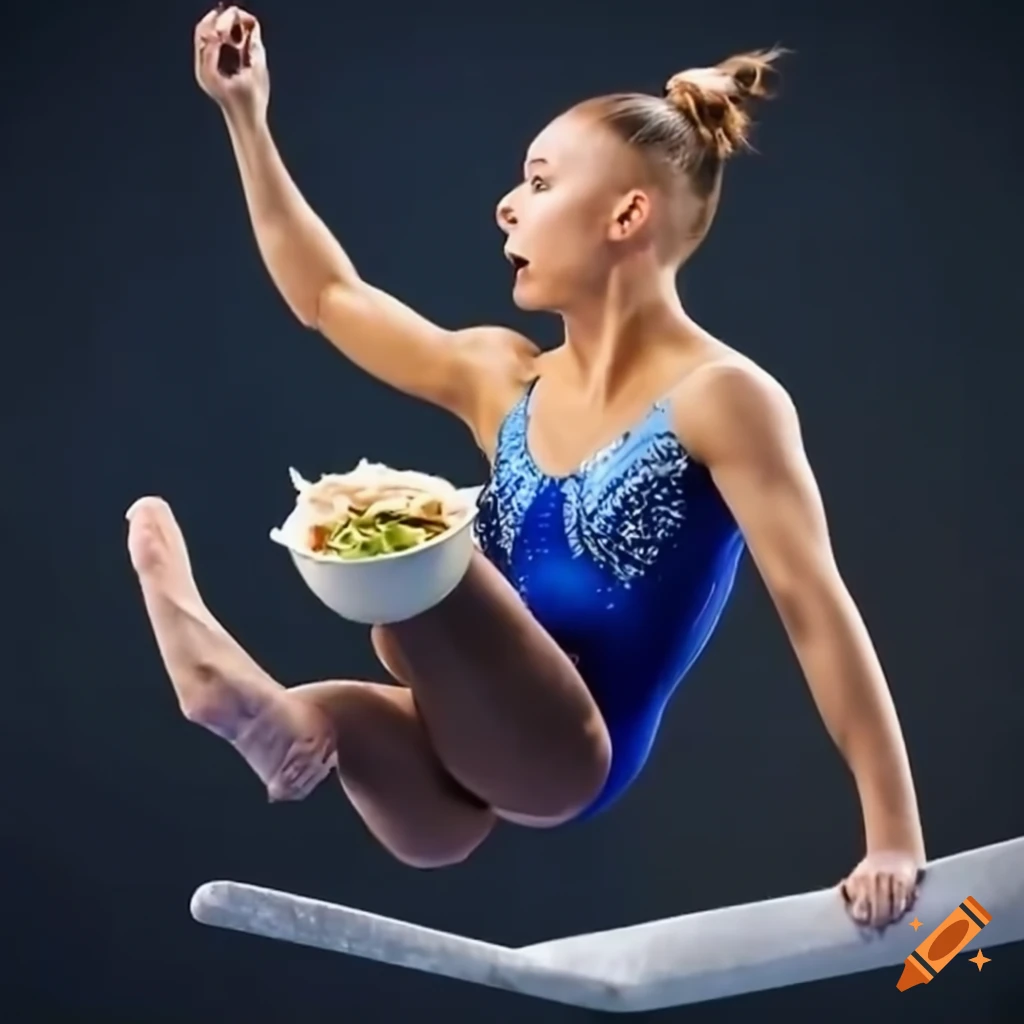 Female Olympic gymnast eating hummus mid-jump